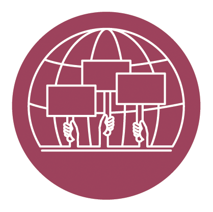 Icon for activism/advocacy; three hands holding signs