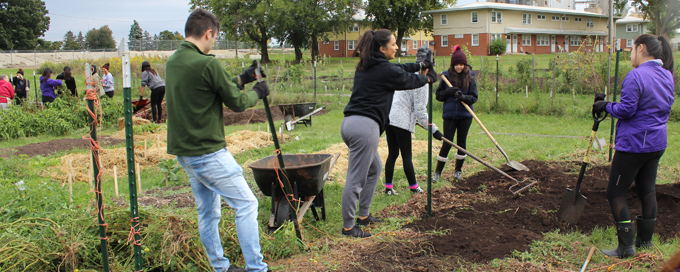 Students participating in community service in downtown bloomington illinois